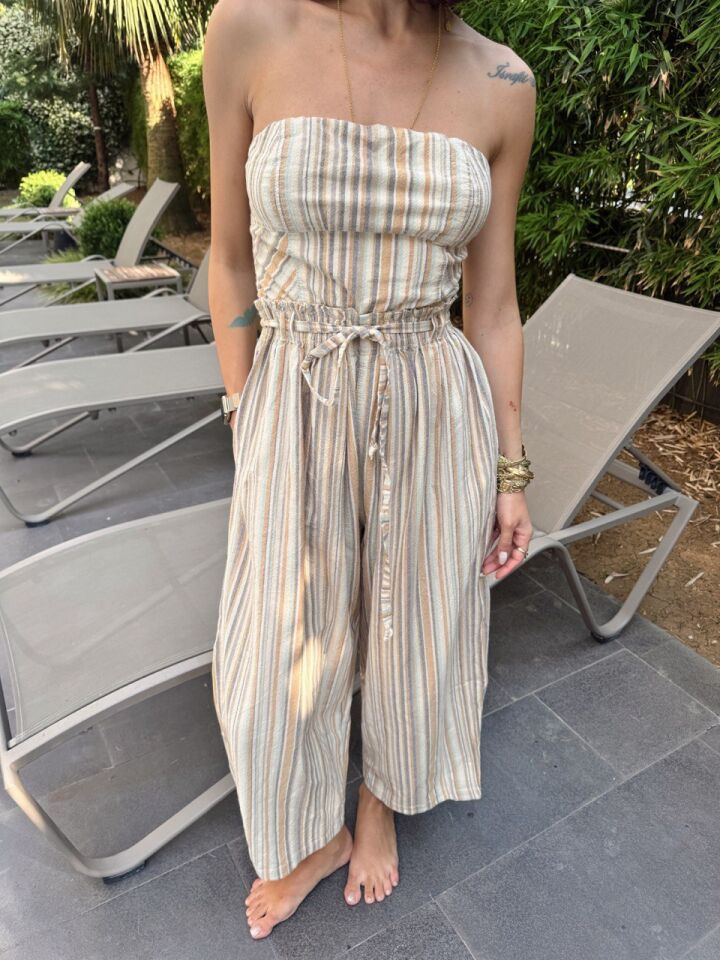 BEJ ÇİZGİLİ BEL BAGLAMALI İTHAL TULUM