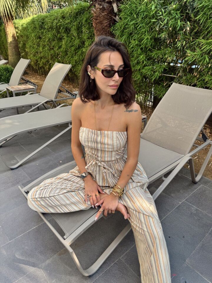 BEJ ÇİZGİLİ BEL BAGLAMALI İTHAL TULUM