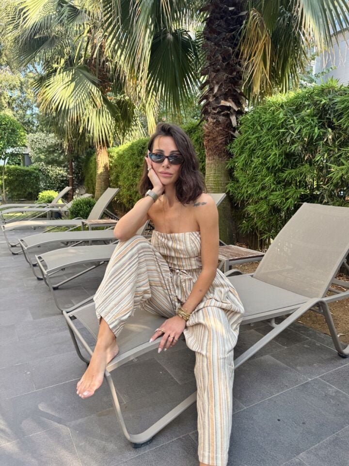 BEJ ÇİZGİLİ BEL BAGLAMALI İTHAL TULUM