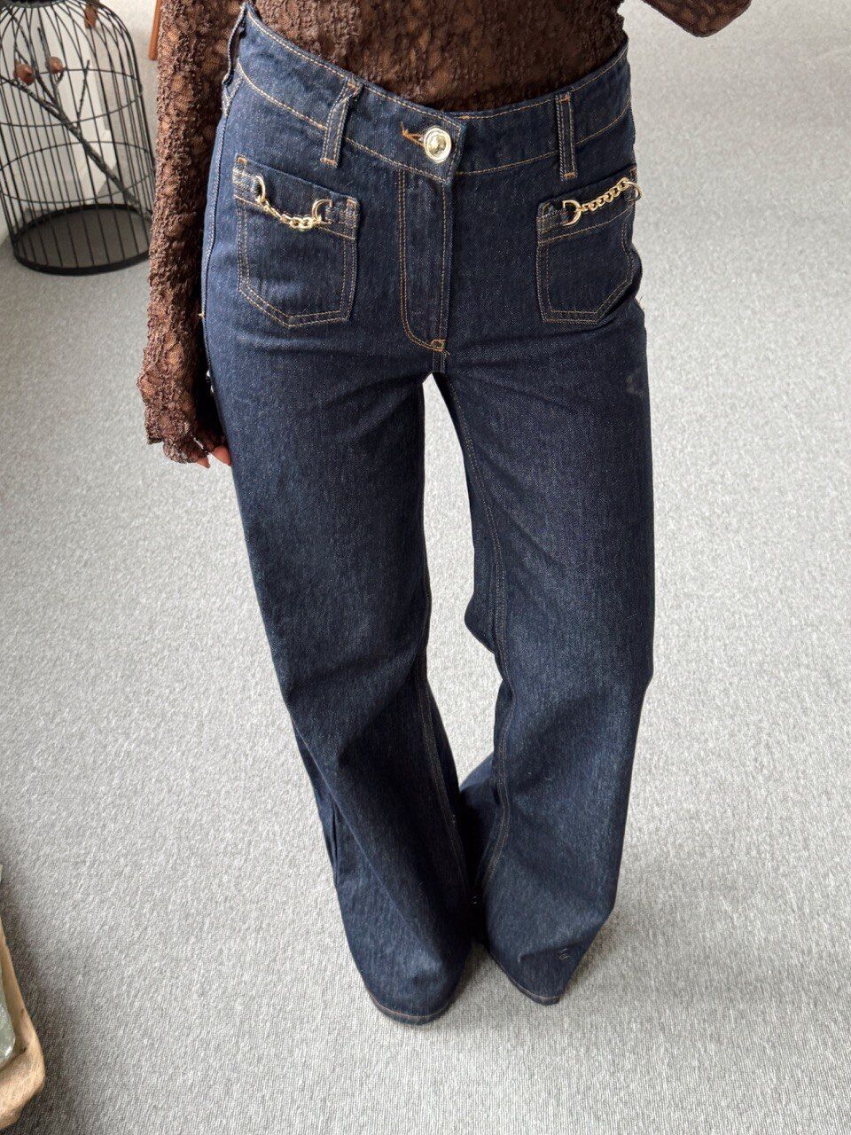 KOYU MAVİ ZİNCİR DETAY JEAN PANTOLON