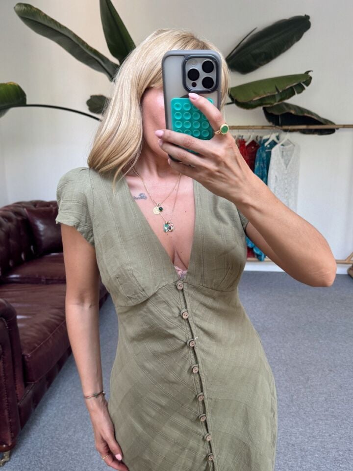 DOKULU KUMAŞ HAKİ İTHAL MİDİ ELBİSE