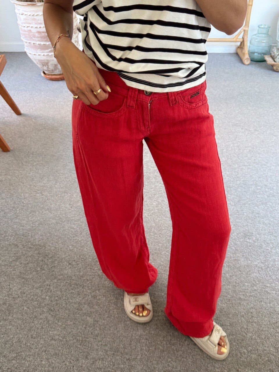 KIRMIZI HAM KETEN DÜŞÜK BEL PANTOLON