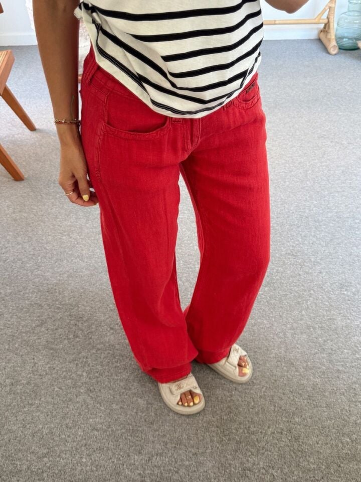 KIRMIZI HAM KETEN DÜŞÜK BEL PANTOLON