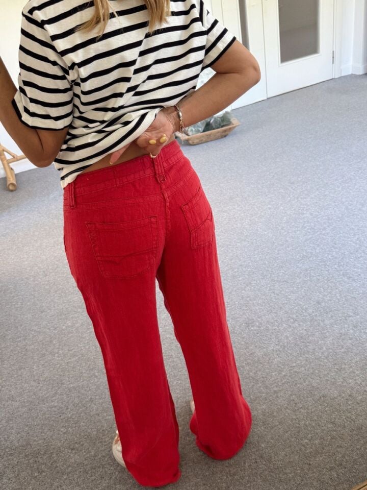 KIRMIZI HAM KETEN DÜŞÜK BEL PANTOLON