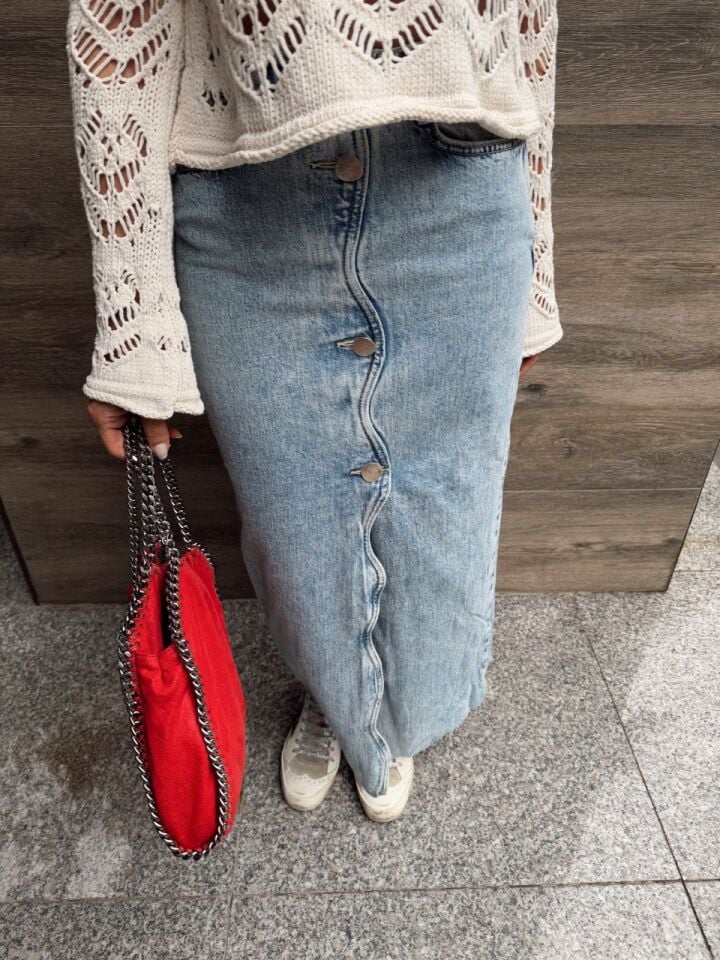 YÜKSEK BEL YIRTMAÇ DETAY DENIM ETEK