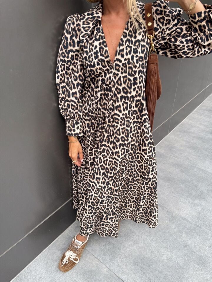 LEOPAR DESENLİ MİDİ GÖMLEK ELBİSE