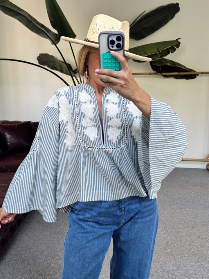 MAVİ ÇİZGİLİ GÜPÜR DETAY İTHAL GÖMLEK