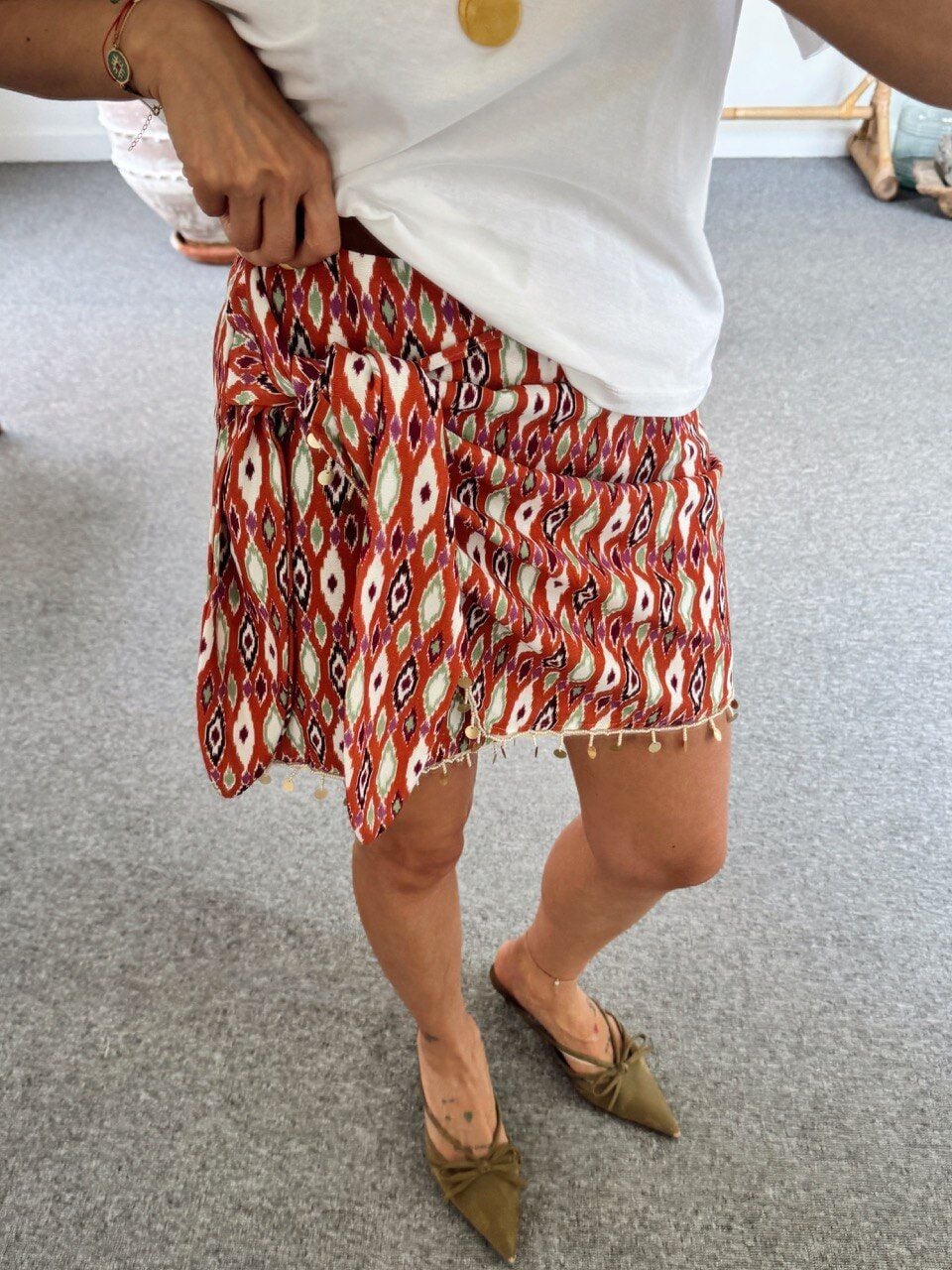 TURUNCU BONCUK İŞLEMELİ ETNİK DESEN ETEK