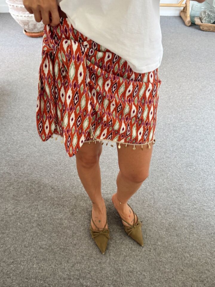 TURUNCU BONCUK İŞLEMELİ ETNİK DESEN ETEK