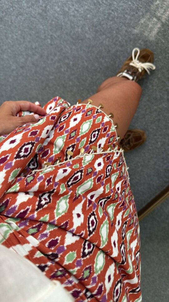 TURUNCU BONCUK İŞLEMELİ ETNİK DESEN ETEK