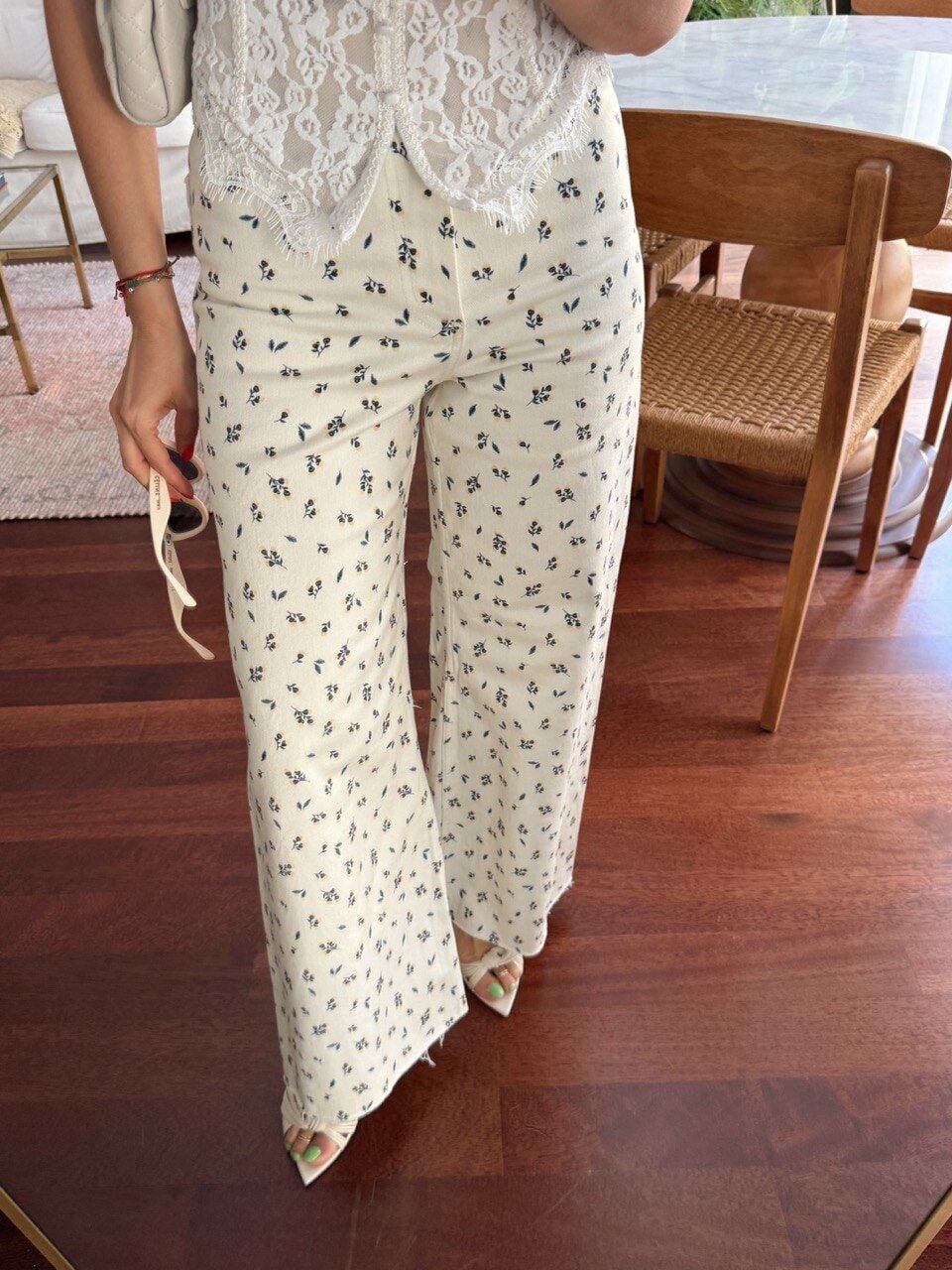 KREM ÇİÇEK DESEN STRAİGHT PANTOLON