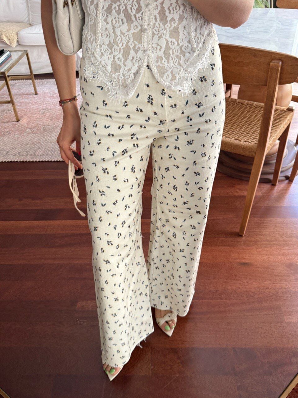 KREM ÇİÇEK DESEN STRAİGHT PANTOLON