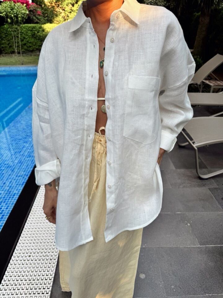 BEYAZ ROBALI CEPLİ HAM KETEN GÖMLEK