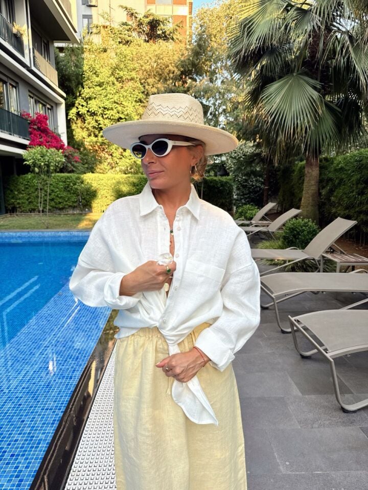 BEYAZ ROBALI CEPLİ HAM KETEN GÖMLEK