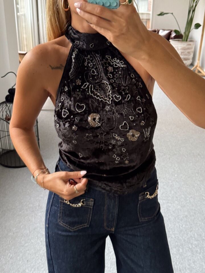 KADİFE TAŞ İŞLEMELİ HALTER YAKA İTHAL BLUZ