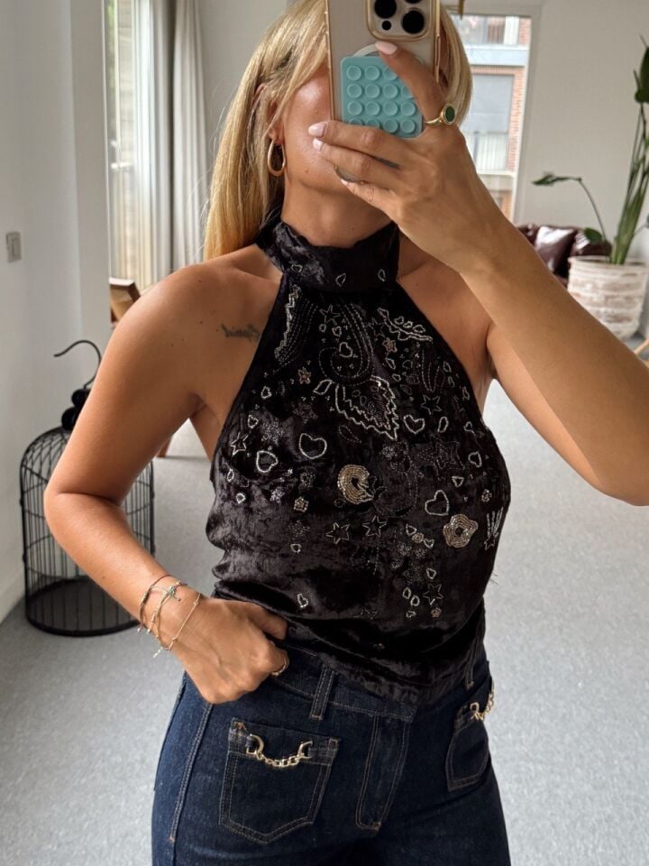 KADİFE TAŞ İŞLEMELİ HALTER YAKA İTHAL BLUZ