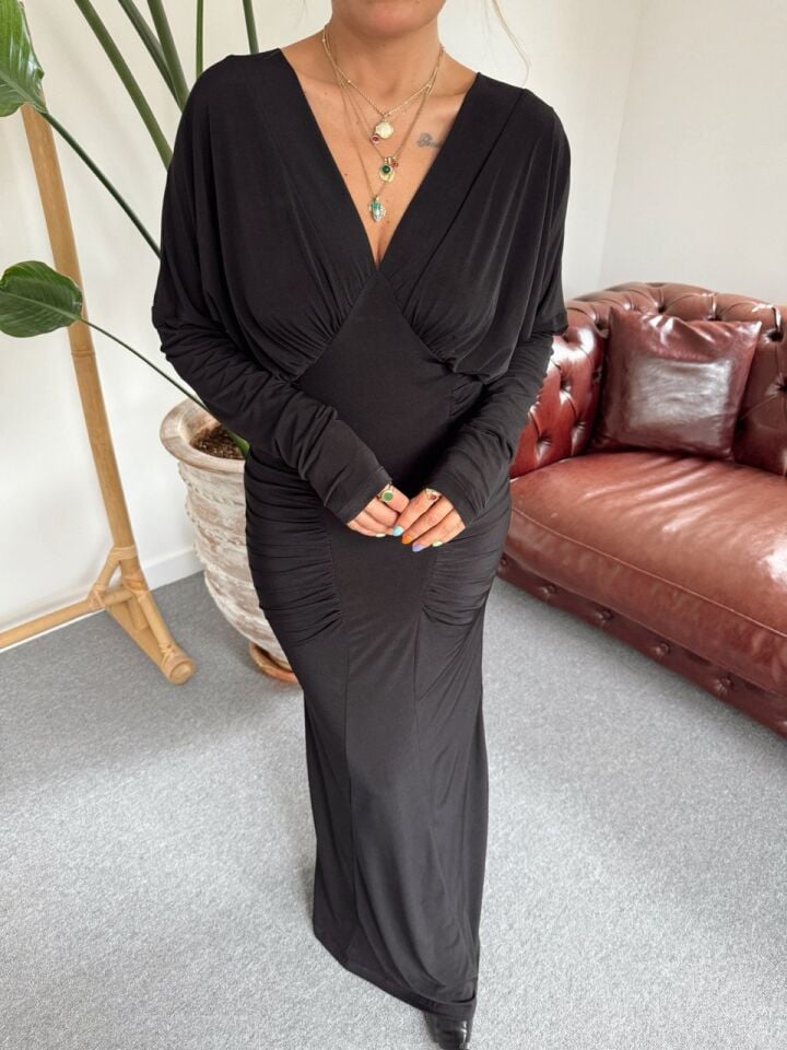 SİYAH DRAPELİ MAXI JARSE ELBİSE