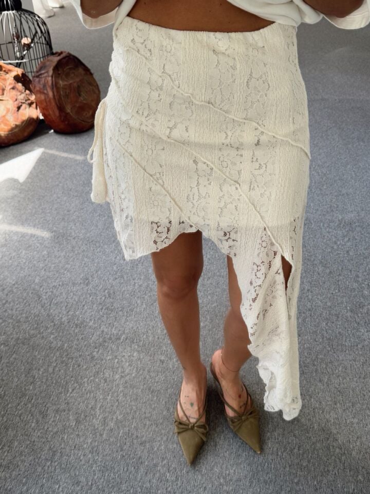 BOHO KREM DANTEL İŞLEMELİ  ETEK