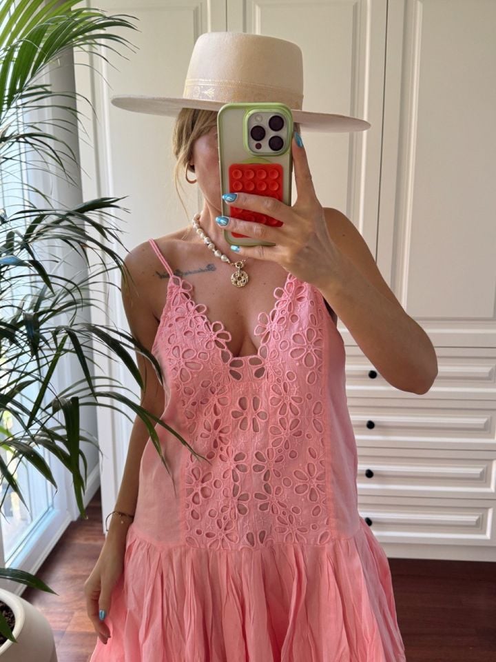 PEMBE ASKILI GÜPÜR DETAY İTHAL ELBİSE