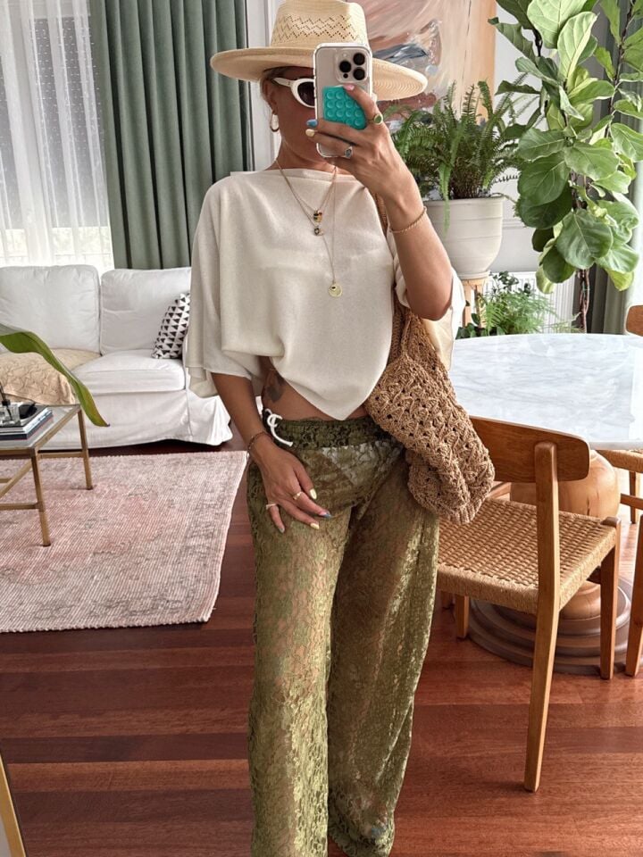 YEŞİL ASTARSIZ DANTEL PANTOLON