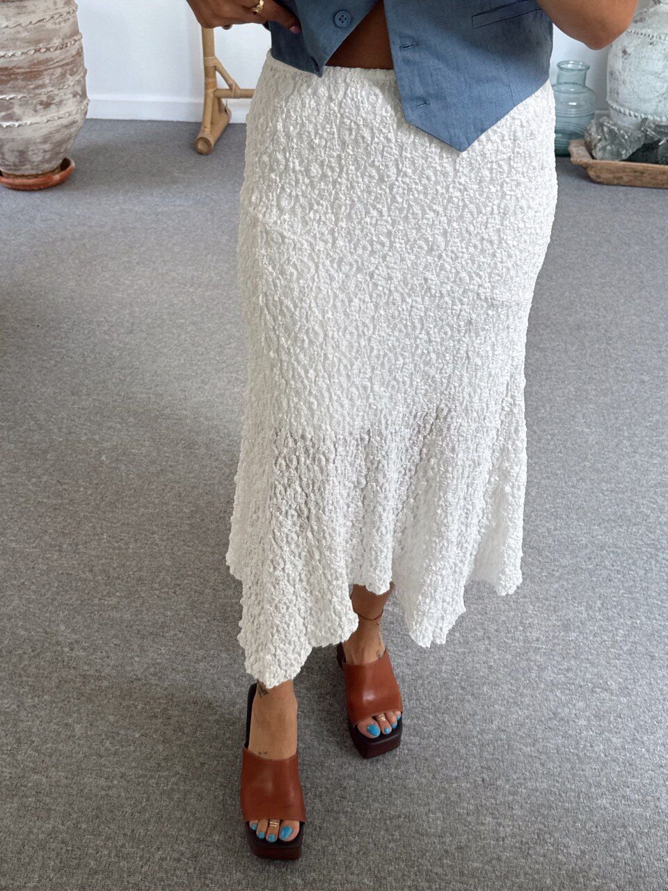 EKRU ASTARLI DANTEL MİDİ  ETEK