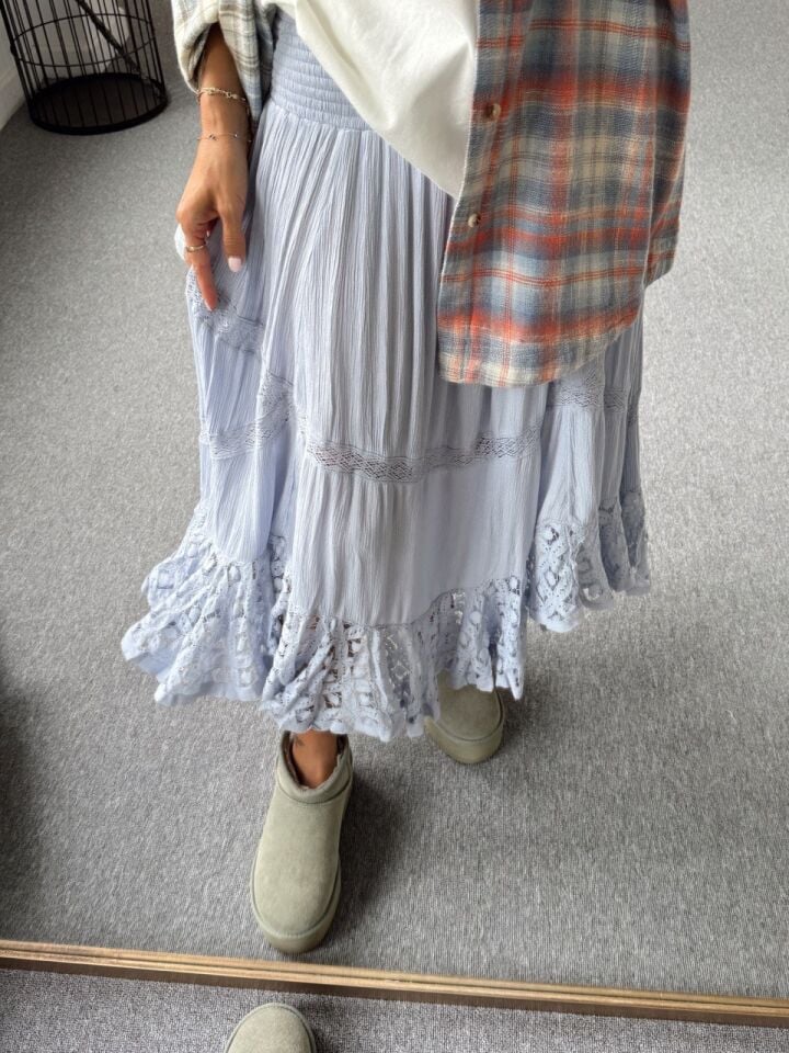 MAVİ FİSTO İŞLEMELİ İTHAL ETEK