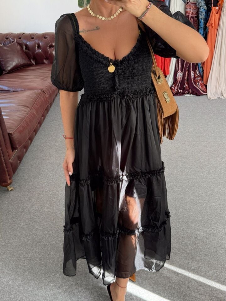 SİYAH ORGANZE ASTARLI İTHAL ELBİSE