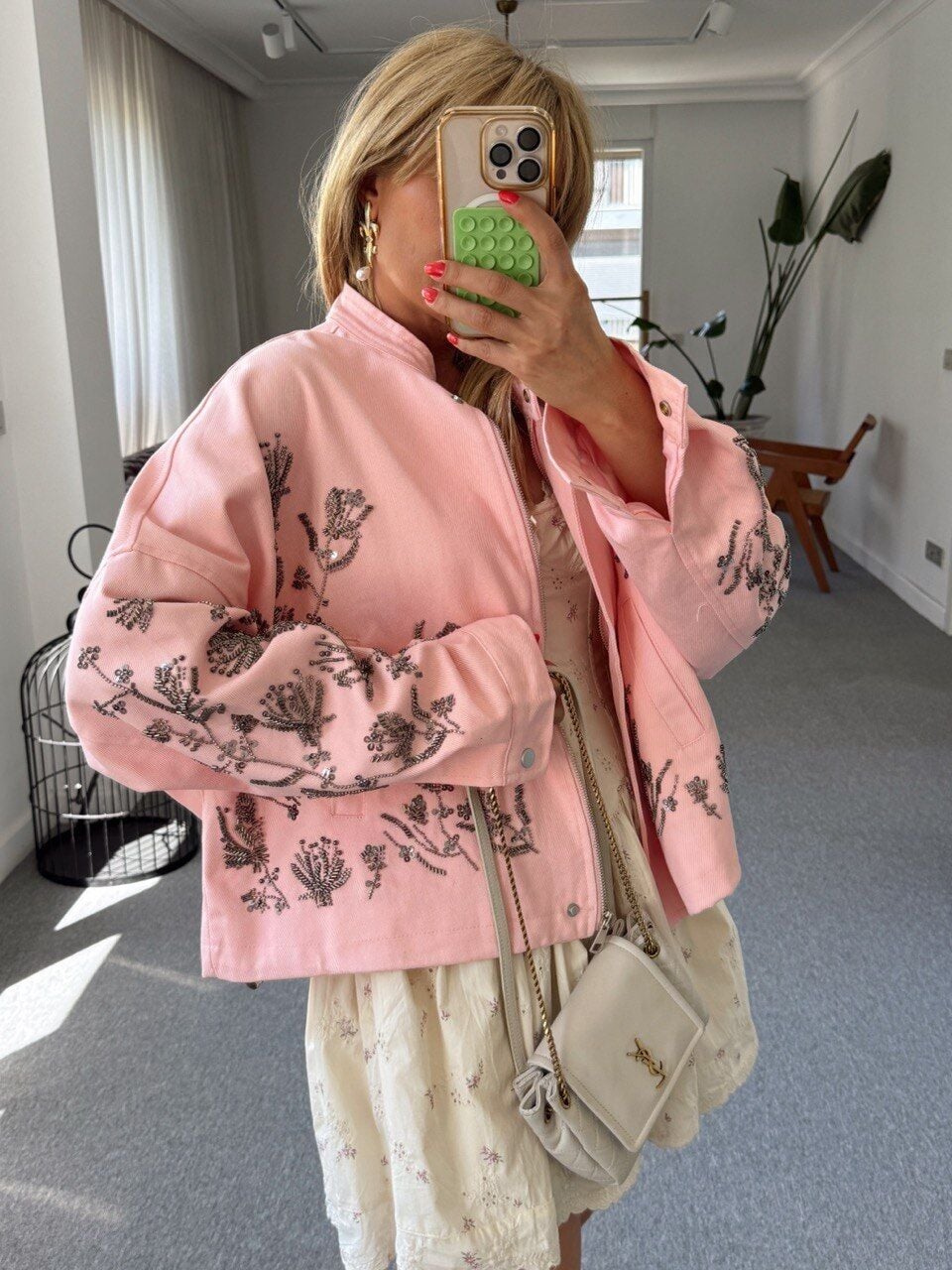 PEMBE BONCUK İŞLEMELİ İTHAL CEKET