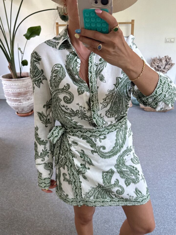 YEŞİL DESENLİ GÖMLEK BAĞLAMALI ETEK TAKIM