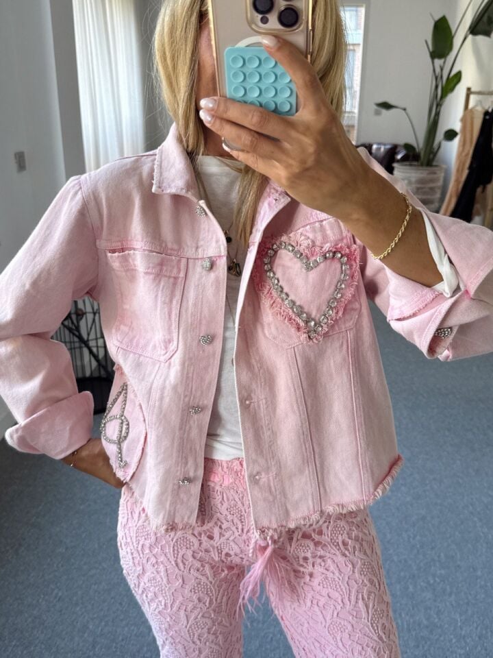 PEMBE TAŞ İŞLEMELİ DENIM İTHAL CEKET