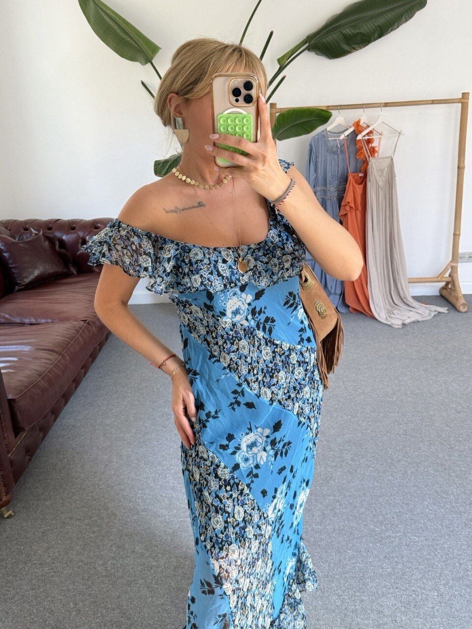 MAVİ DESENLİ İTHAL MAXI ELBİSE