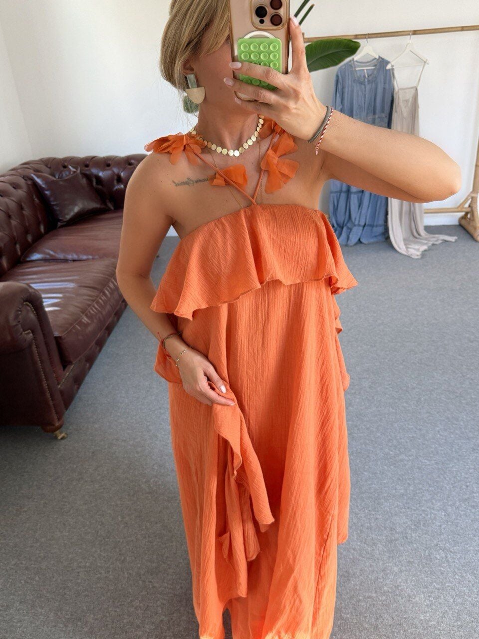 TURUNCU ASKILARI ÇİÇEK DETAY İTHAL ELBİSE