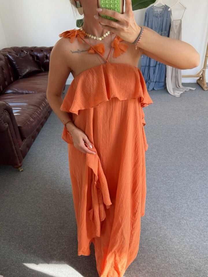 TURUNCU ASKILARI ÇİÇEK DETAY İTHAL ELBİSE