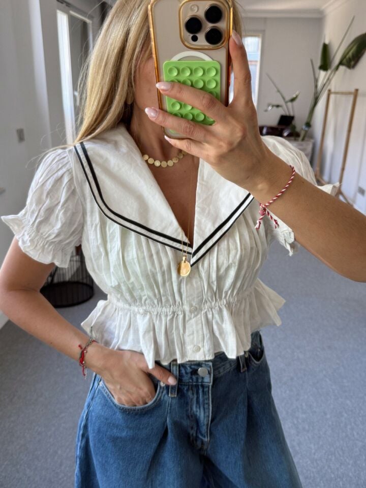 SİYAH ŞERİTLİ BEBE YAKA İTHAL BLUZ