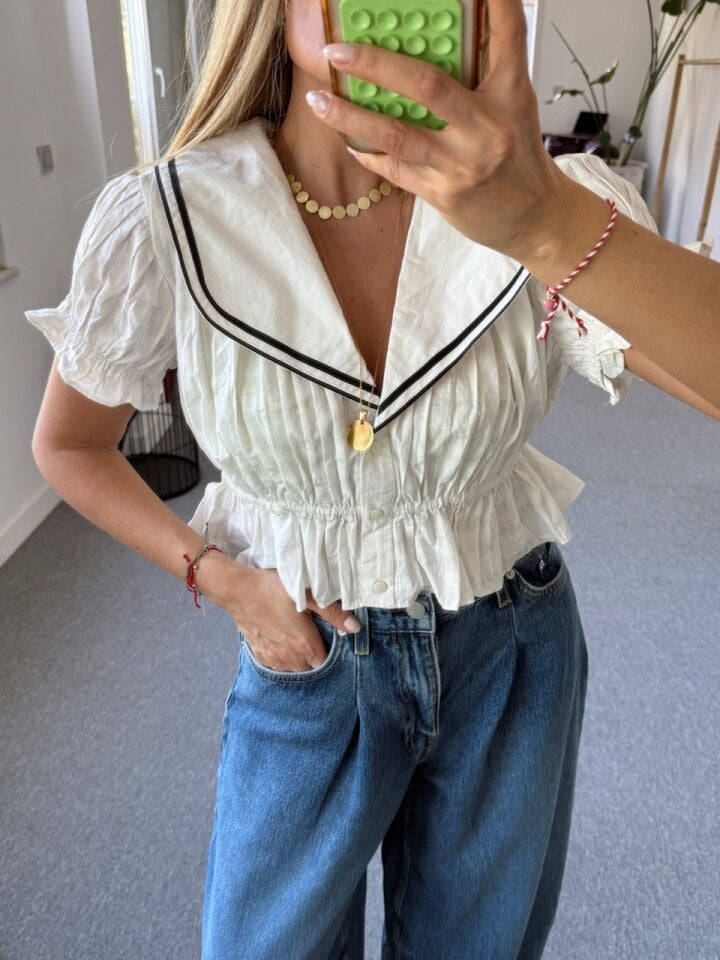 SİYAH ŞERİTLİ BEBE YAKA İTHAL BLUZ