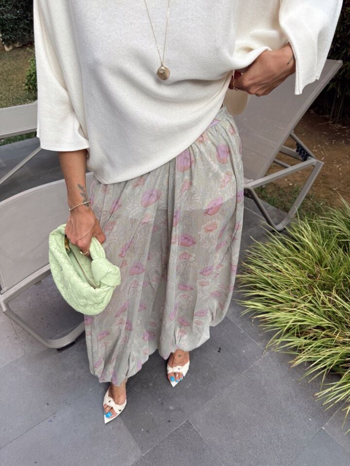 ŞİFON ASTARLI ÇİÇEK DESEN TÜL ŞALVAR