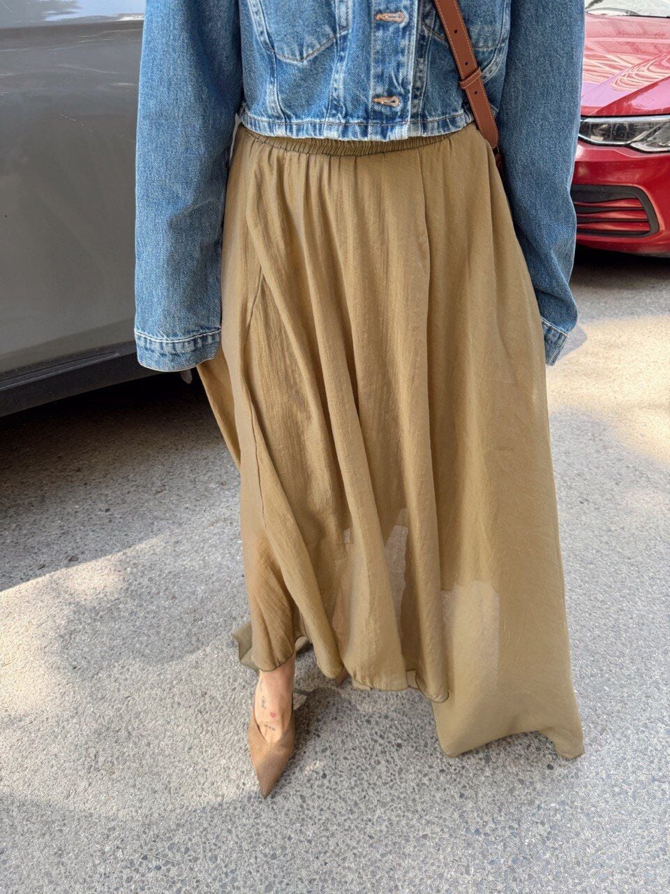 YAĞ YEŞİLİ ASİMETRİK KESİM İÇİ ASTARLI MAXI ETEK
