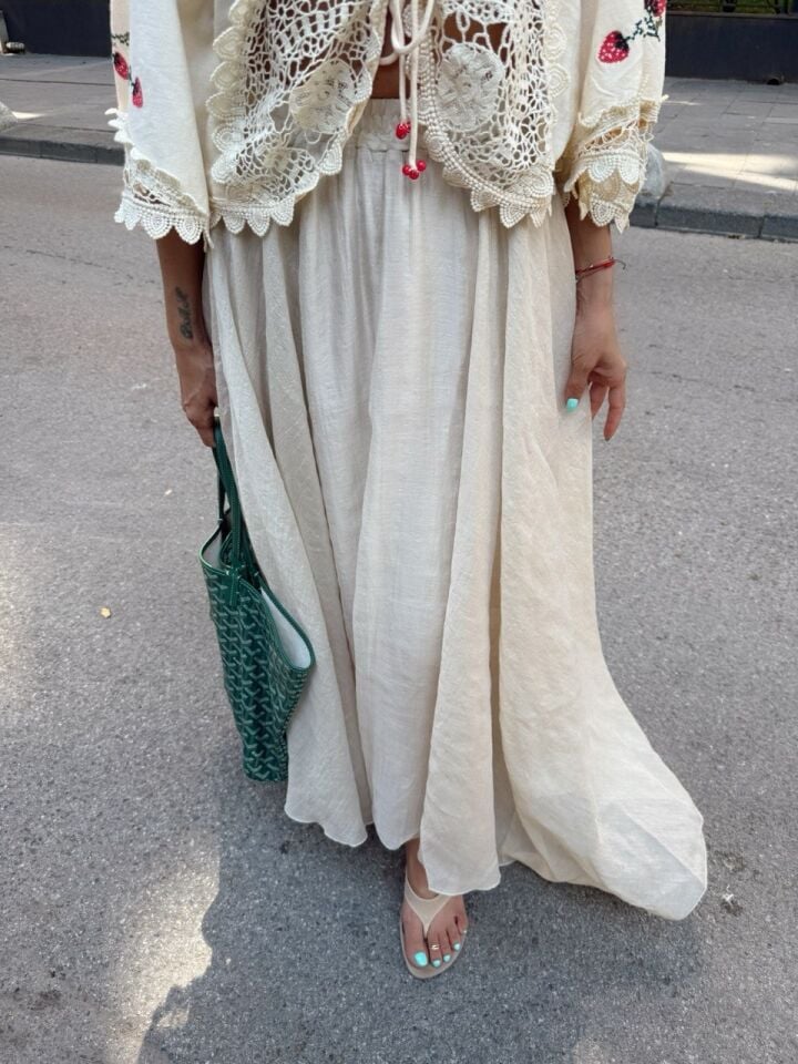 TAŞ RENGİ ASİMETRİK KESİM İÇİ ASTARLI MAXI ETEK