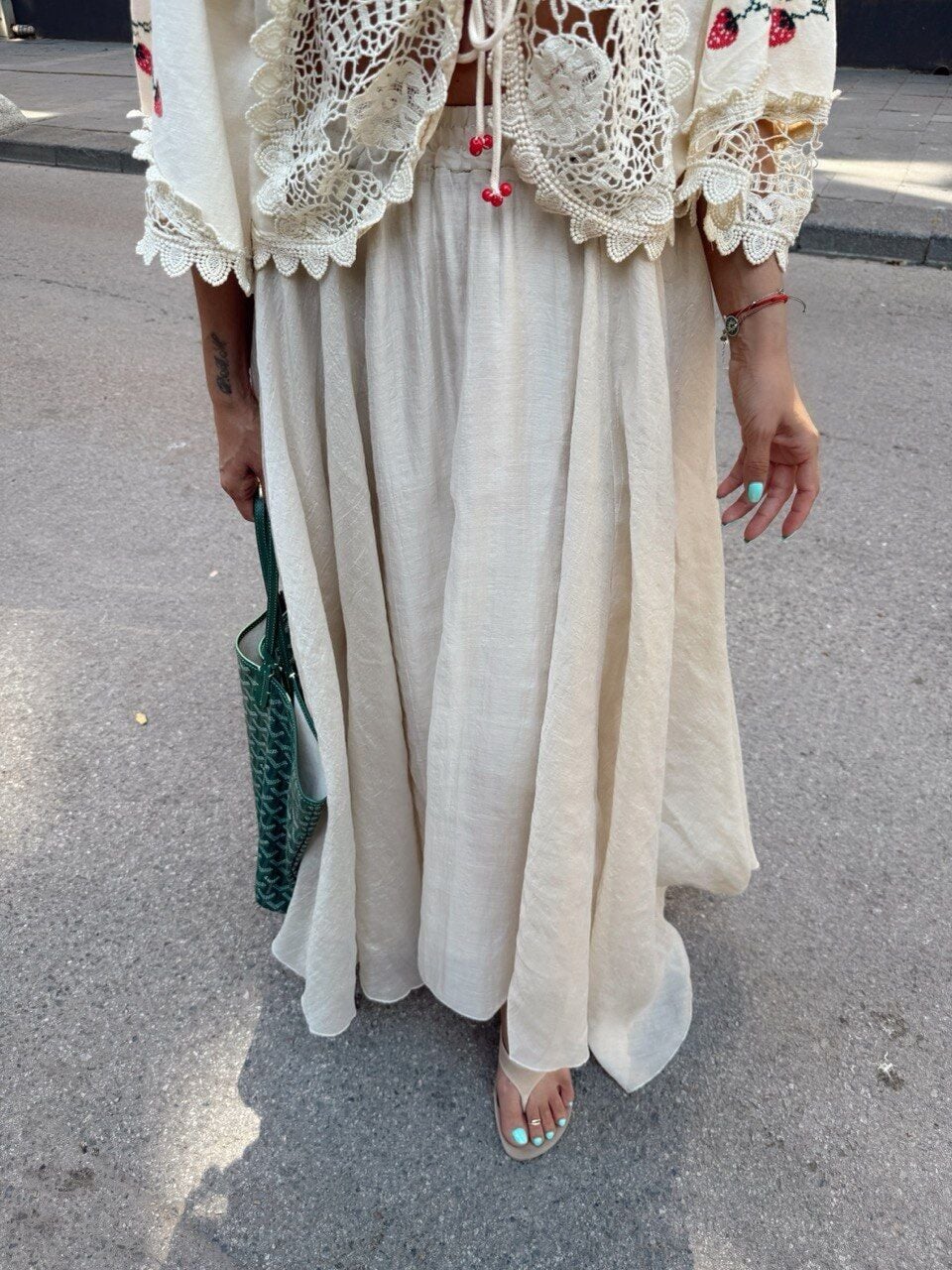 TAŞ RENGİ ASİMETRİK KESİM İÇİ ASTARLI MAXI ETEK