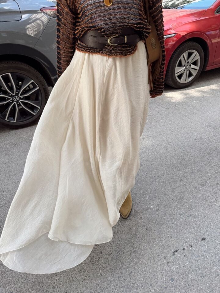 TAŞ RENGİ ASİMETRİK KESİM İÇİ ASTARLI MAXI ETEK