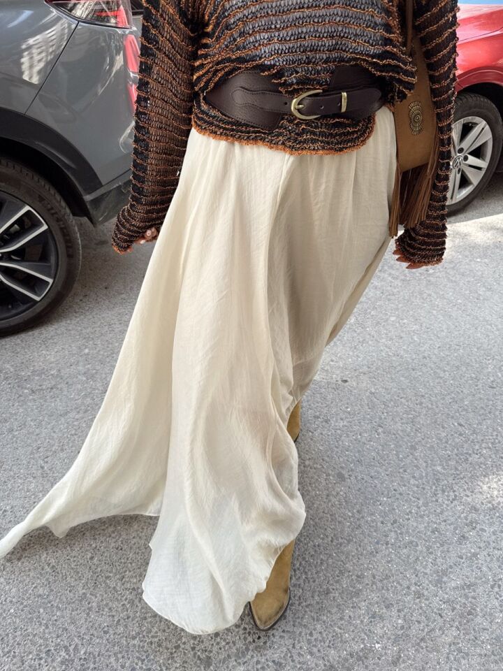 TAŞ RENGİ ASİMETRİK KESİM İÇİ ASTARLI MAXI ETEK