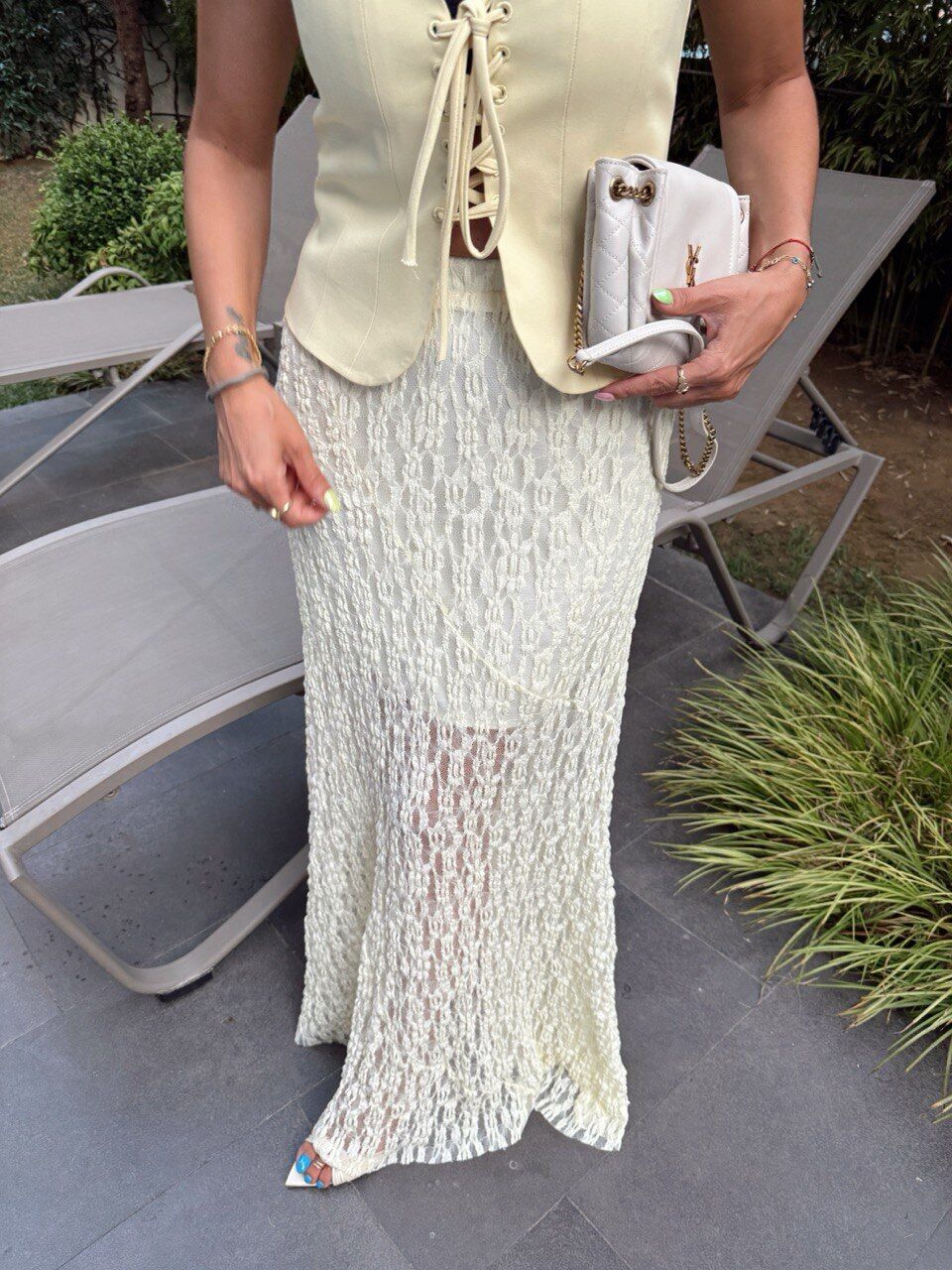 SARI ASTARLI MAXİ DANTEL ETEK