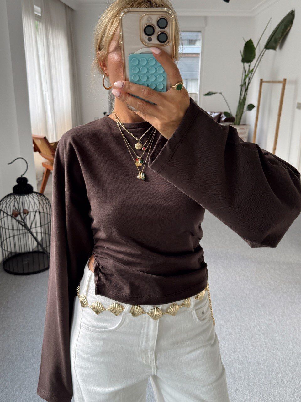 KAHVE YANLARI DRAPELİ BLUZ