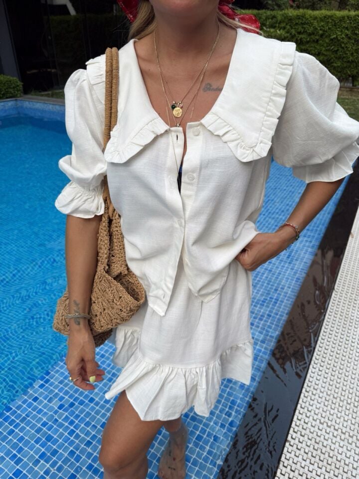 EKRU BEBE YAKA GÖMLEK ETEK TAKIM