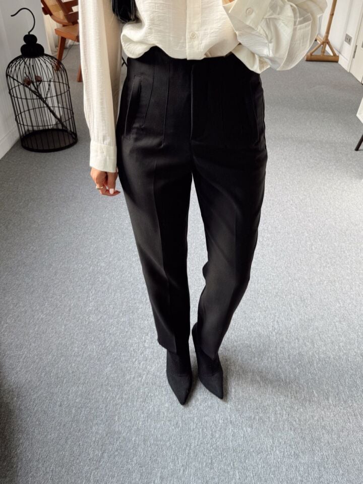 SİYAH KREP KUMAŞ YÜKSEK BEL PANTOLON XS