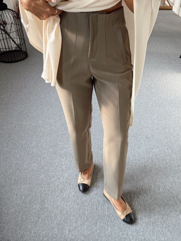 HAKİ KREP KUMAŞ YÜKSEK BEL PANTOLON