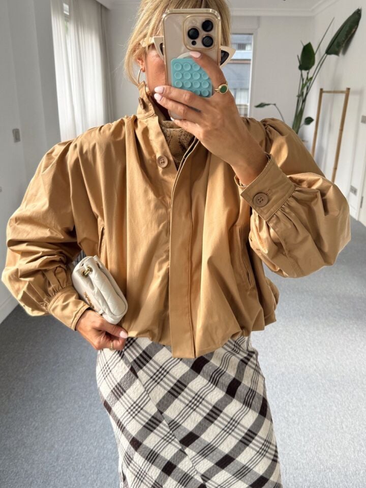 CAMEL PİLİ DETAY VATKALI CEKET