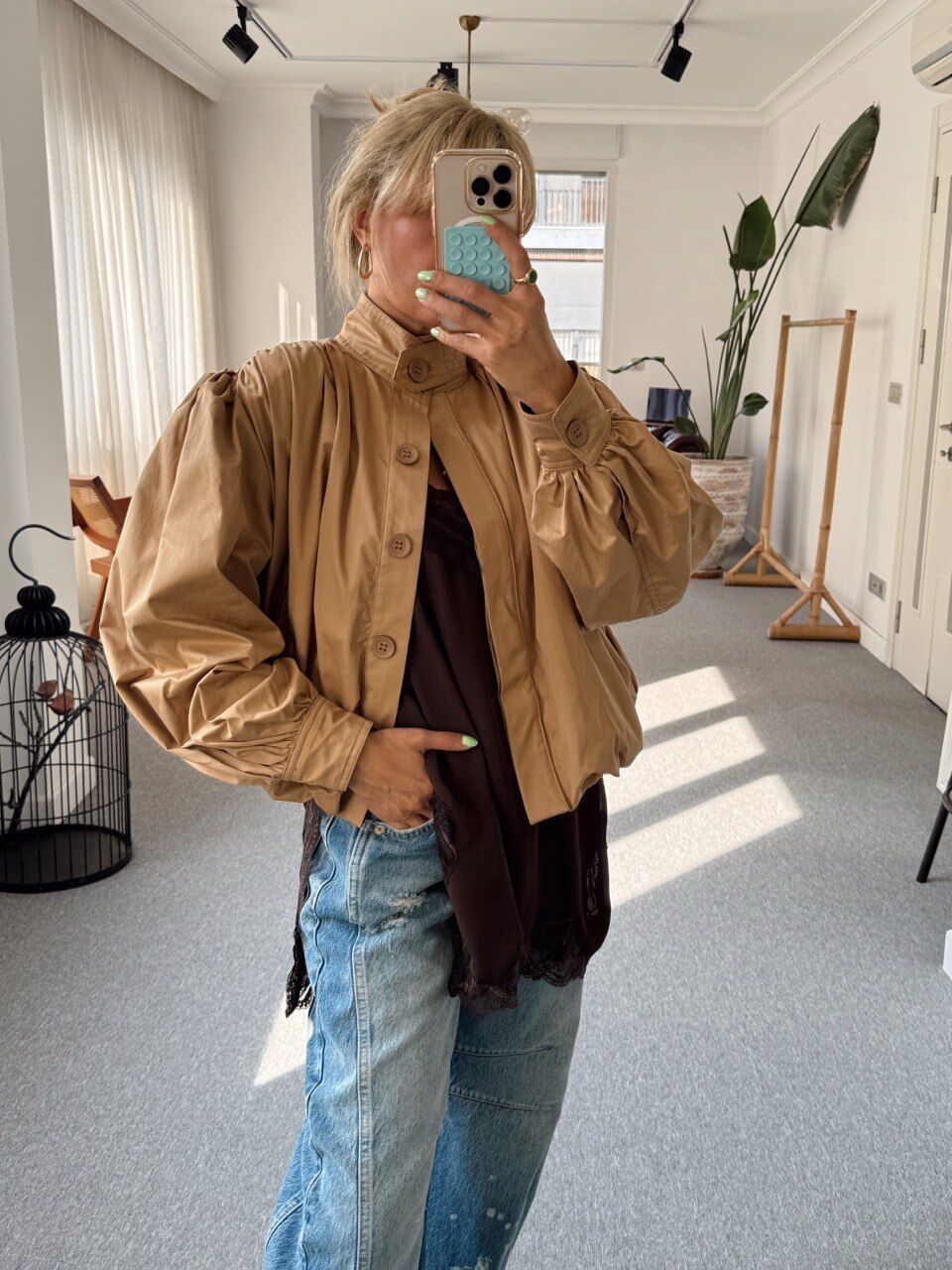 CAMEL PİLİ DETAY VATKALI CEKET