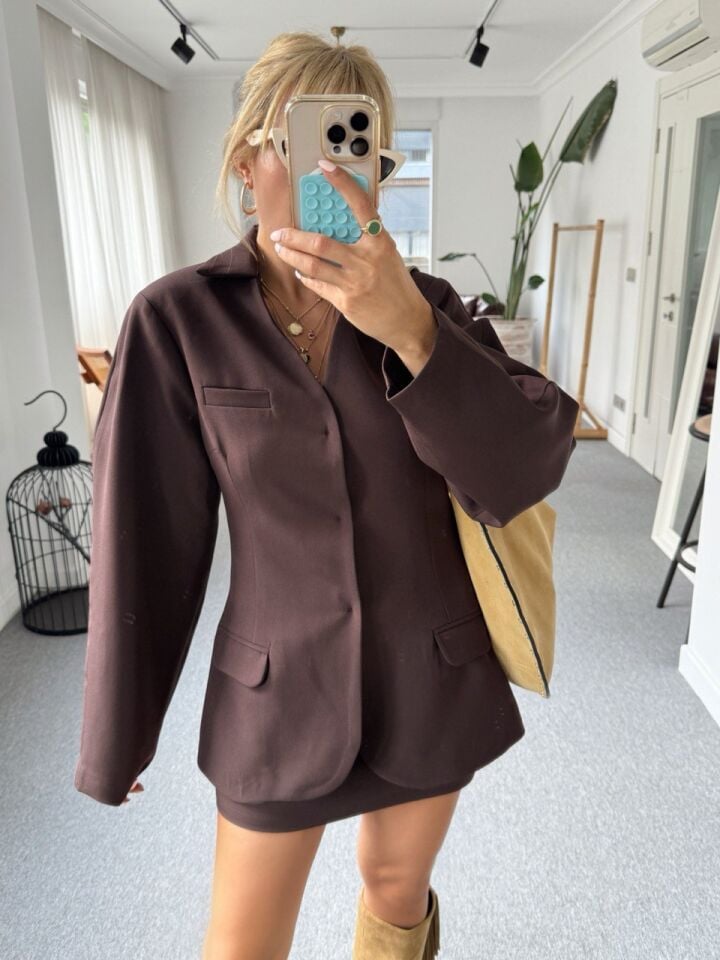 KAHVE KREP KUMAŞ CEKET ETEK TAKIM