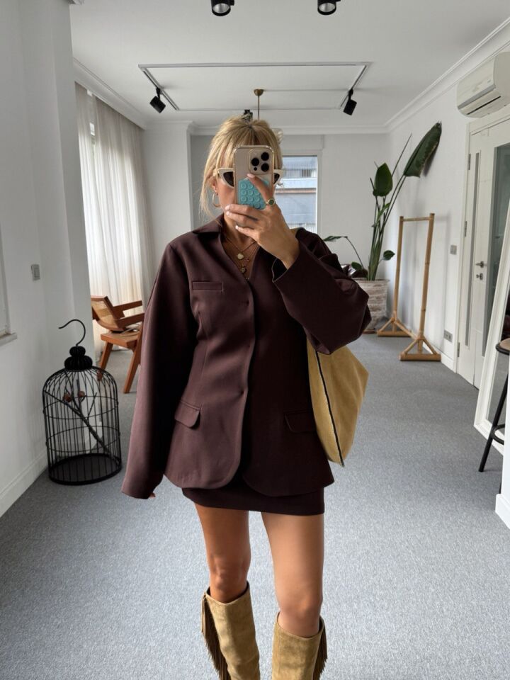 KAHVE KREP KUMAŞ CEKET ETEK TAKIM